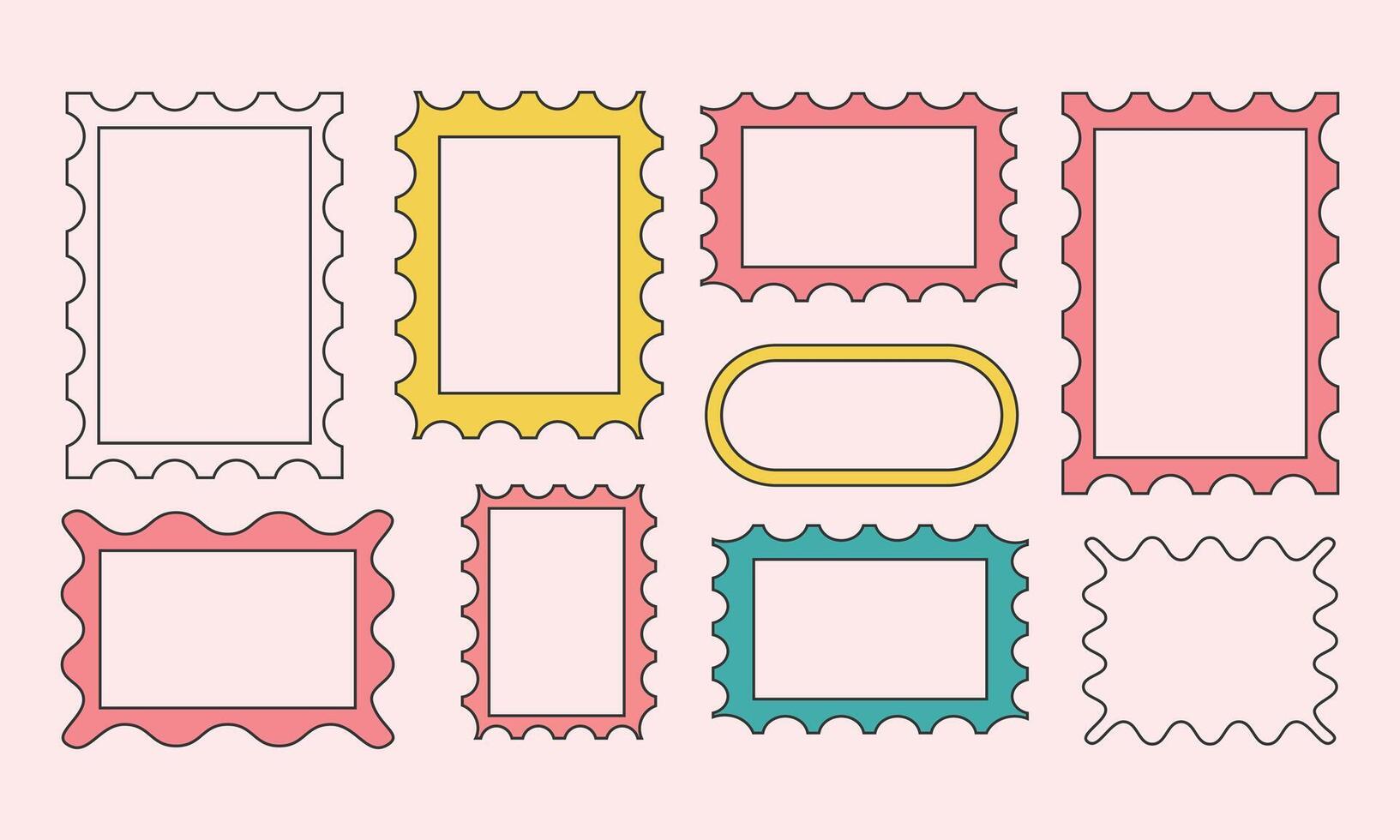 set of different rectangle frames with wavy edges. There are cute rectangular shapes with undulated borders. These empty text boxes, stamps, tags, or labels are isolated on a white background. Less vector