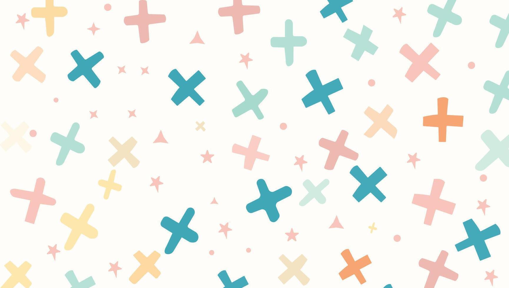 Pastel Cross Confetti Pattern. Randomly scattered plus signs in pastel shades like lavender, mint, peach, and light blue over a cream background, adding a playful yet elegant vibe to stationery vector