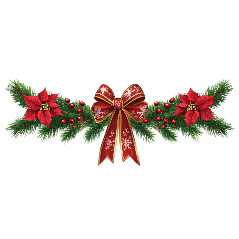 Christmas wreath with poinsettia and red ribbon png