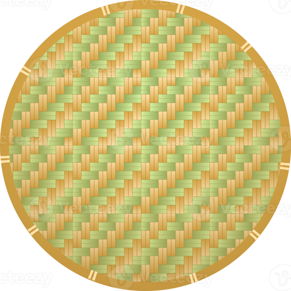 A round woven basket with a green and yellow pattern png
