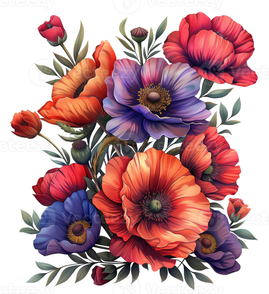 Poppies. Flower clip art with multicolored poppies on a transparent background. png