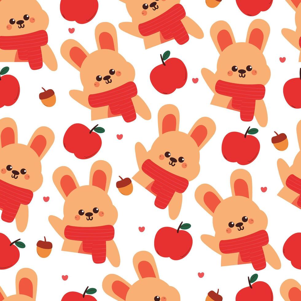 seamless pattern cartoon bunny wearing red scarf with autumn red apple. cute autumn pattern for fabric print, gift wrap paper vector