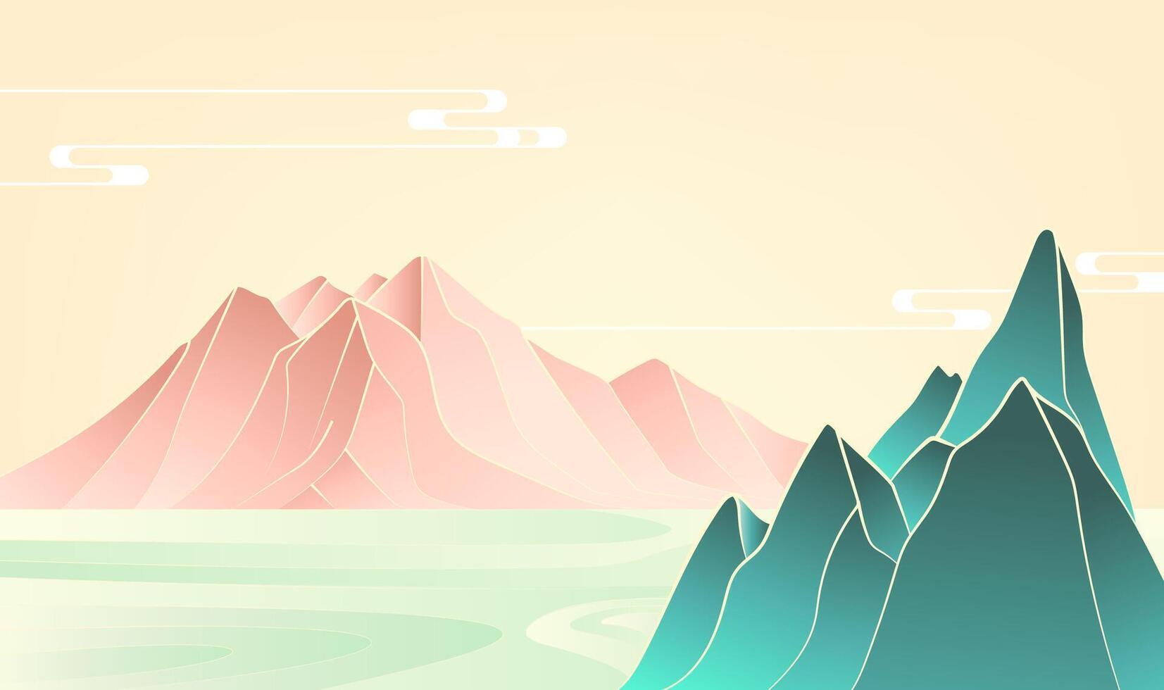 Hand painted Chinese style fashion landscape illustration turquoise landscape and red mountains vector