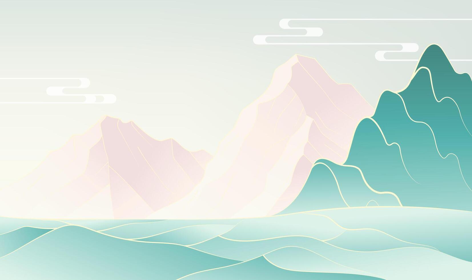 Hand painted Chinese style fashion landscape illustration turquoise landscape and pink mountains vector