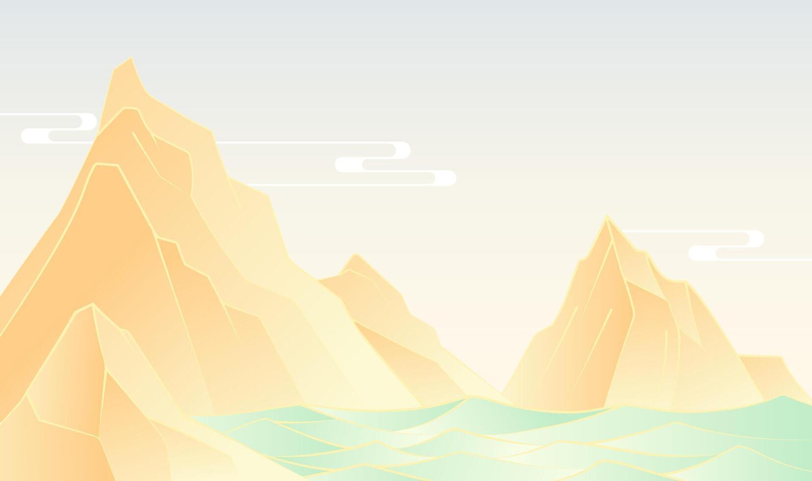 Hand painted Chinese style fashion landscape illustration green water and yellow mountains vector