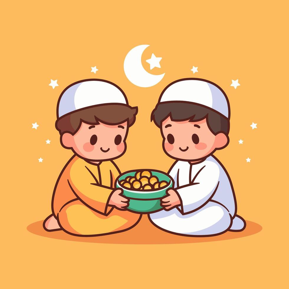 Cute Muslim illustration of breaking the fast, with flat concept vector