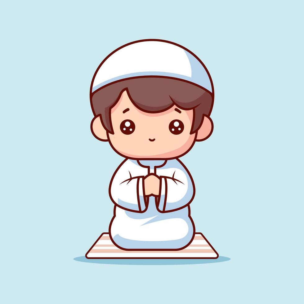 Illustration of a cute Muslim praying on a prayer mat, with a flat concept vector
