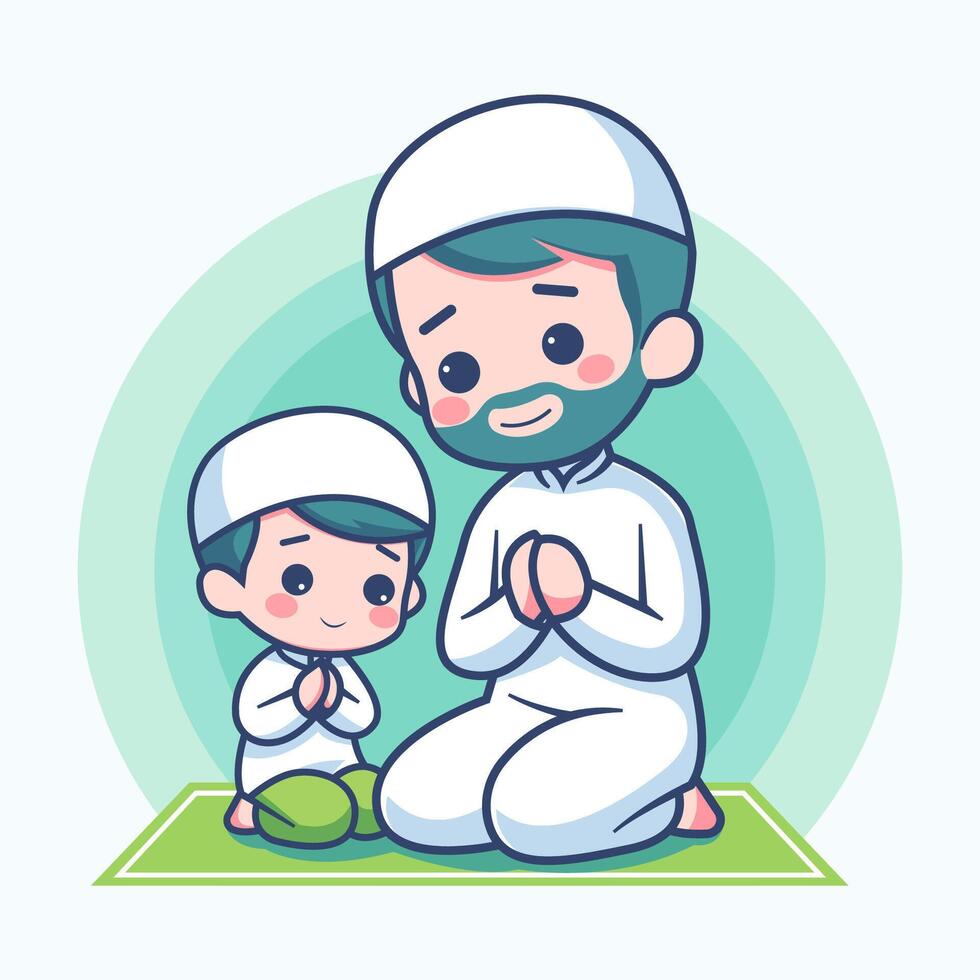Cute Muslim illustration of father and son praying, with flat concept vector