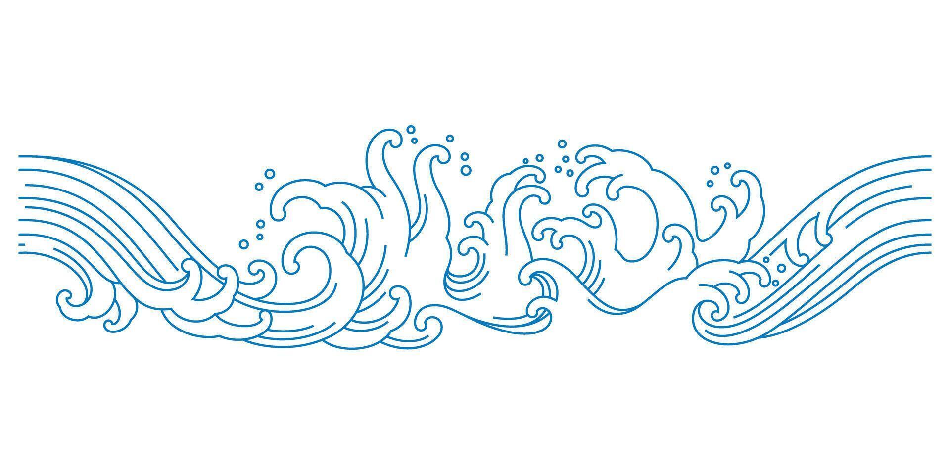 oriental ocean sea waves line art seamless pattern vector