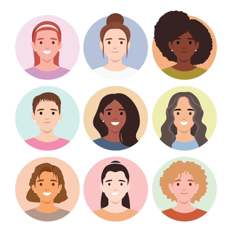 Set of women avatar icons with various ethnicity. vector