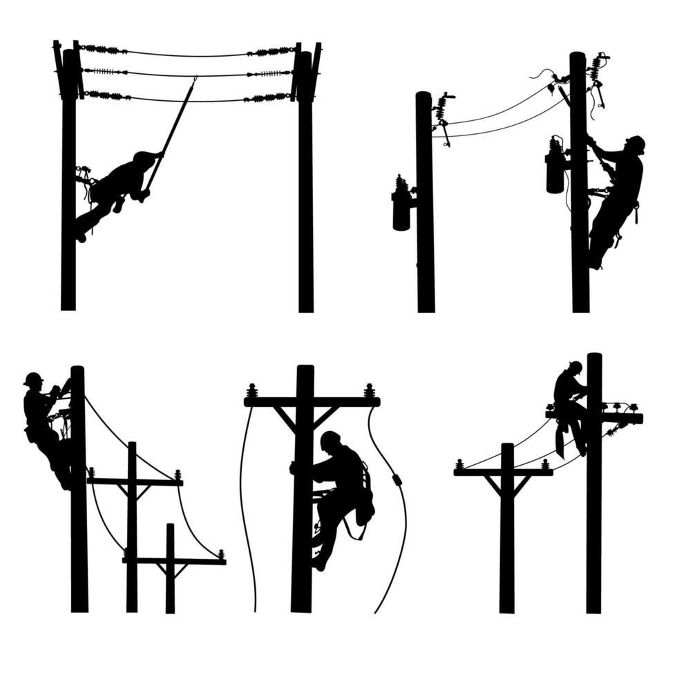 Cable line worker silhouettes vector