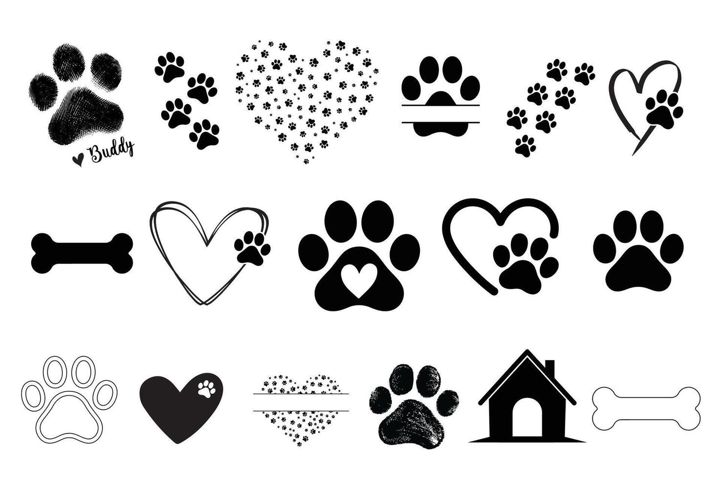 Paw Print Bundle Silhouette, Dog Foot Print set Silhouette, Animal Paw icon set. vector