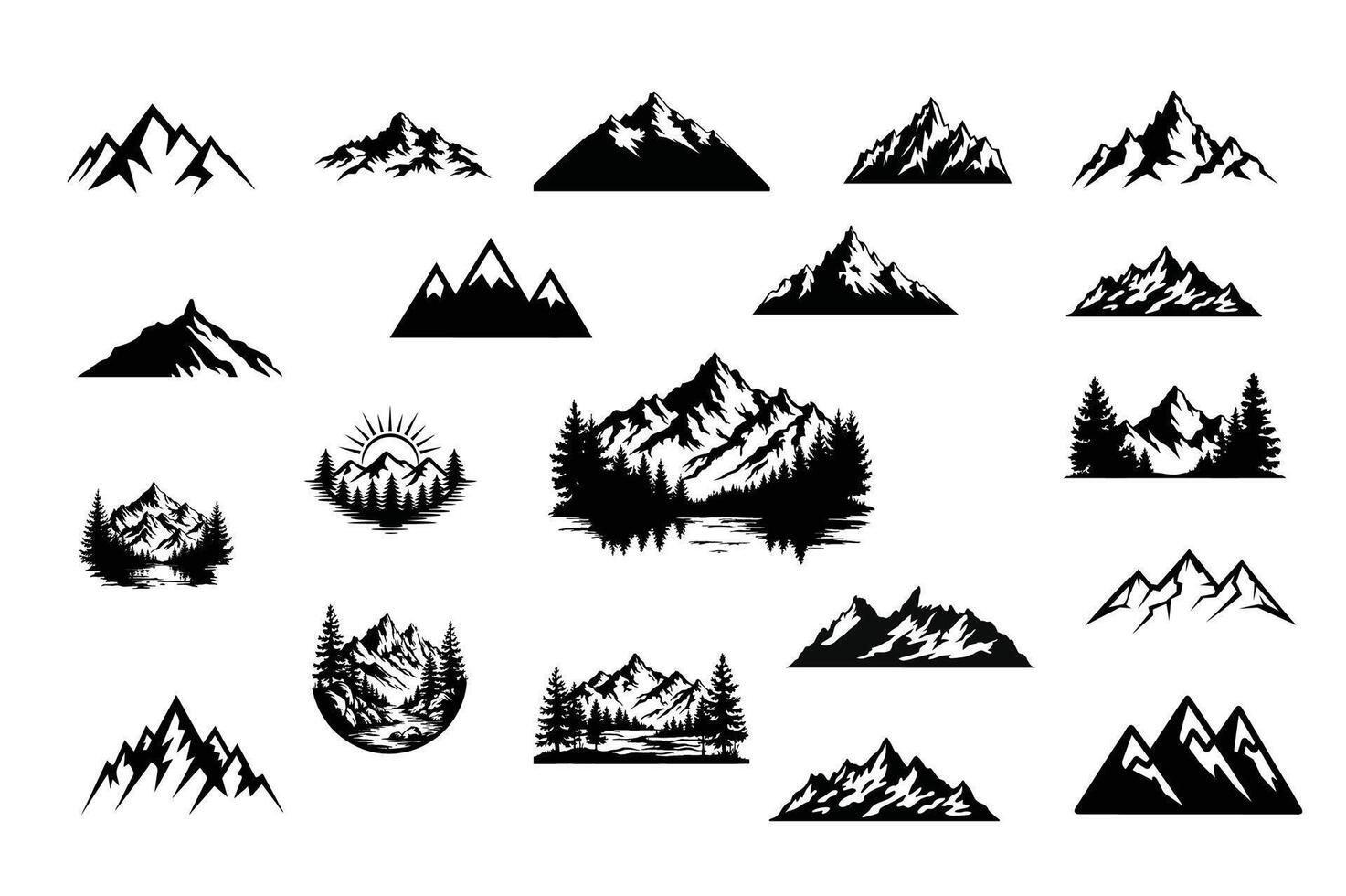Mountains Bundle Silhouette, Forest Tree Silhouette. vector