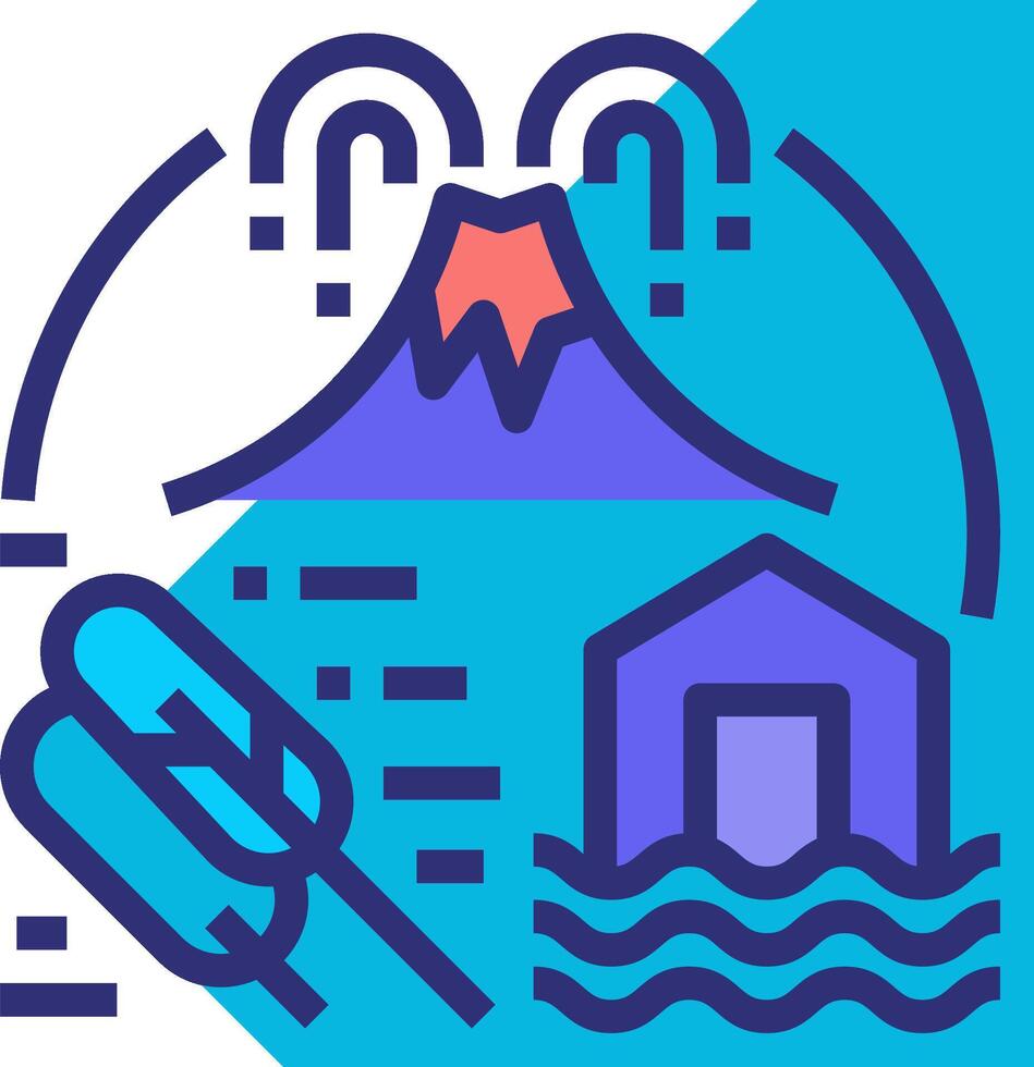 A blue and white icon with a house, boat and a volcano vector