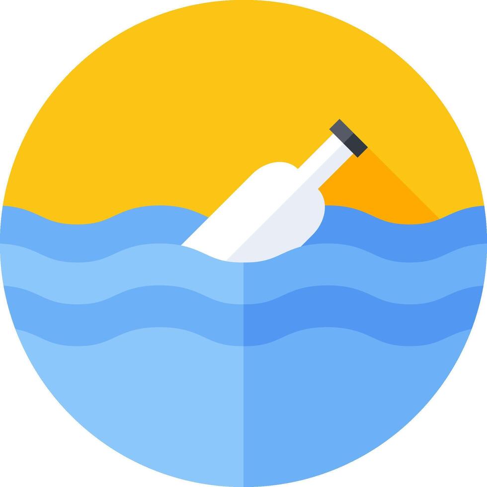 A bottle floating in the ocean with a yellow sun behind it vector