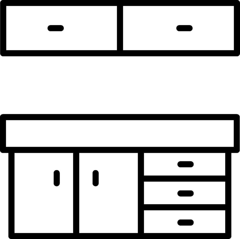 A black and white drawing of a kitchen cabinet vector