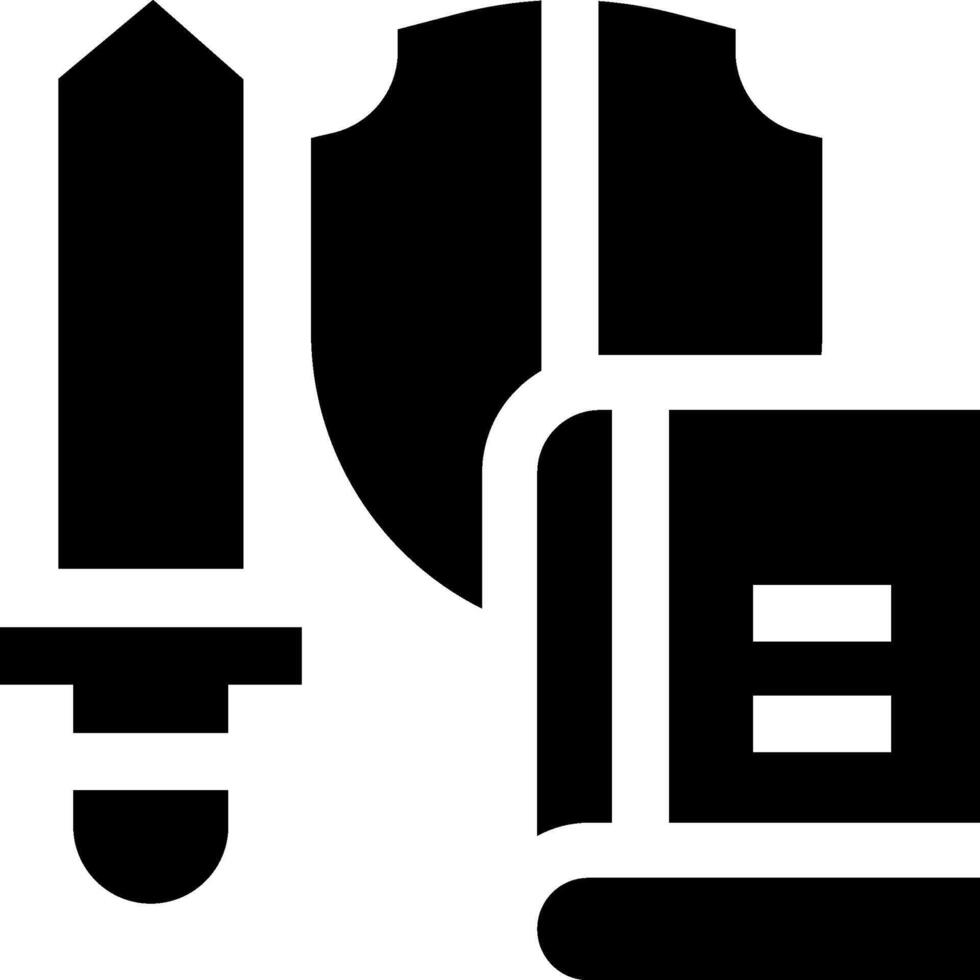 A black and white icon of a sword, shield and book vector