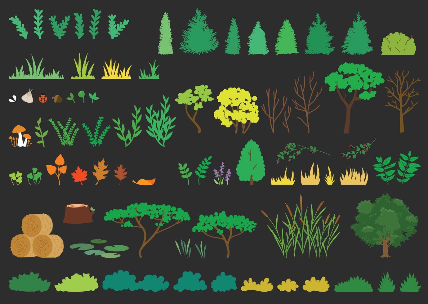 Set of nature items, leaves, trees, bushes, grass, plants and greenery vector