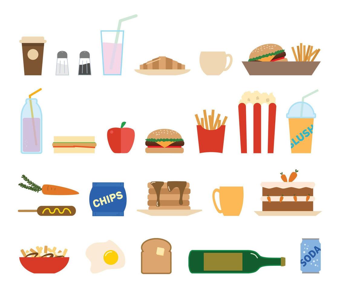 Set of flat foods and snacks icons, items vector