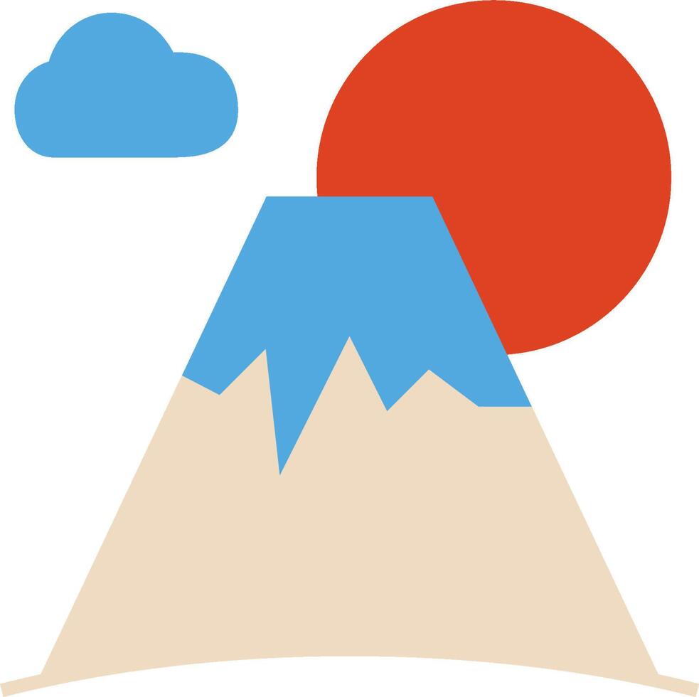 A flat icon of a mountain with a sun behind it vector