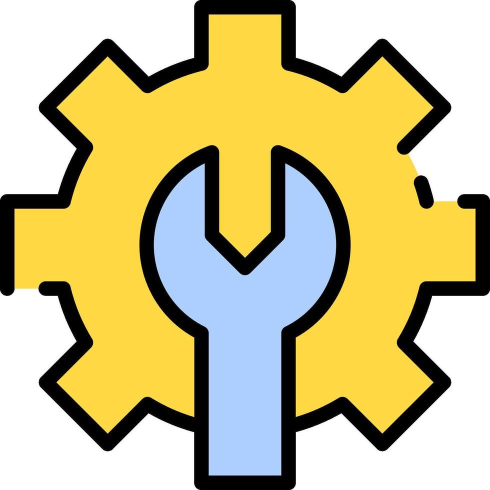 A yellow and blue gearwheel with a wrench in the center vector