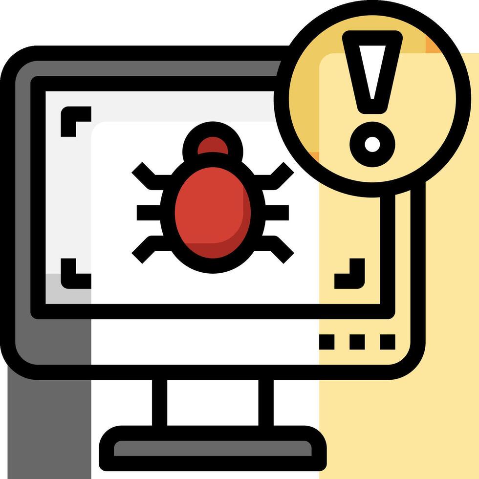 A computer with a red and yellow exclamation mark on it vector
