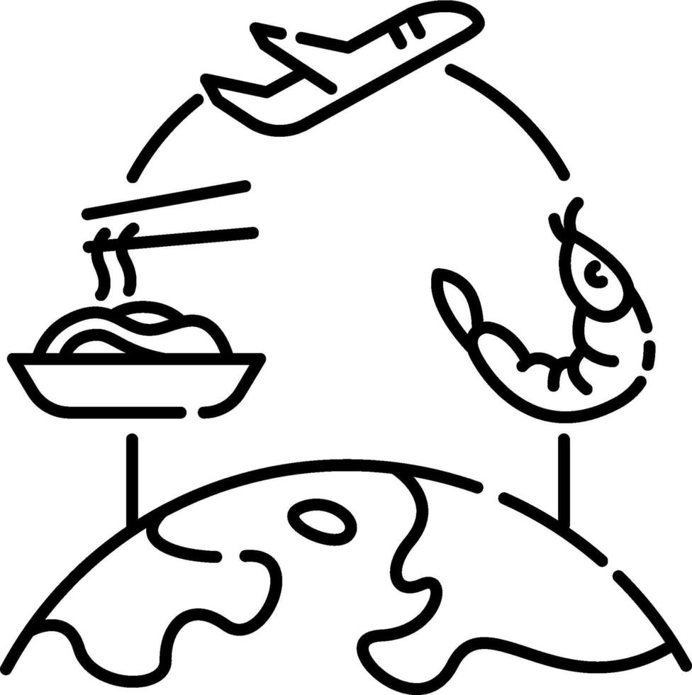 A line drawing of a plane flying over a globe with food on it vector