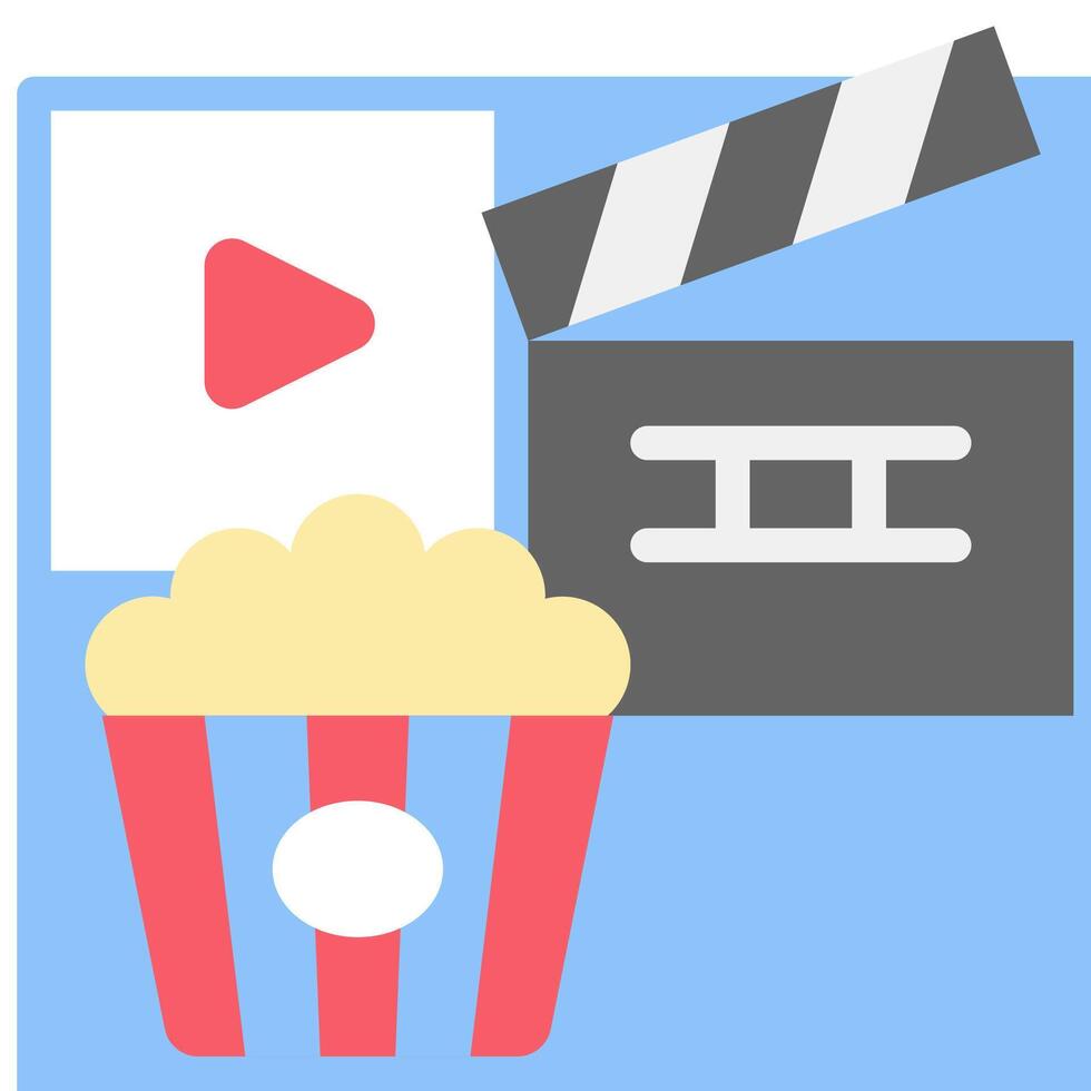 A movie clapper and popcorn are next to a movie reel vector