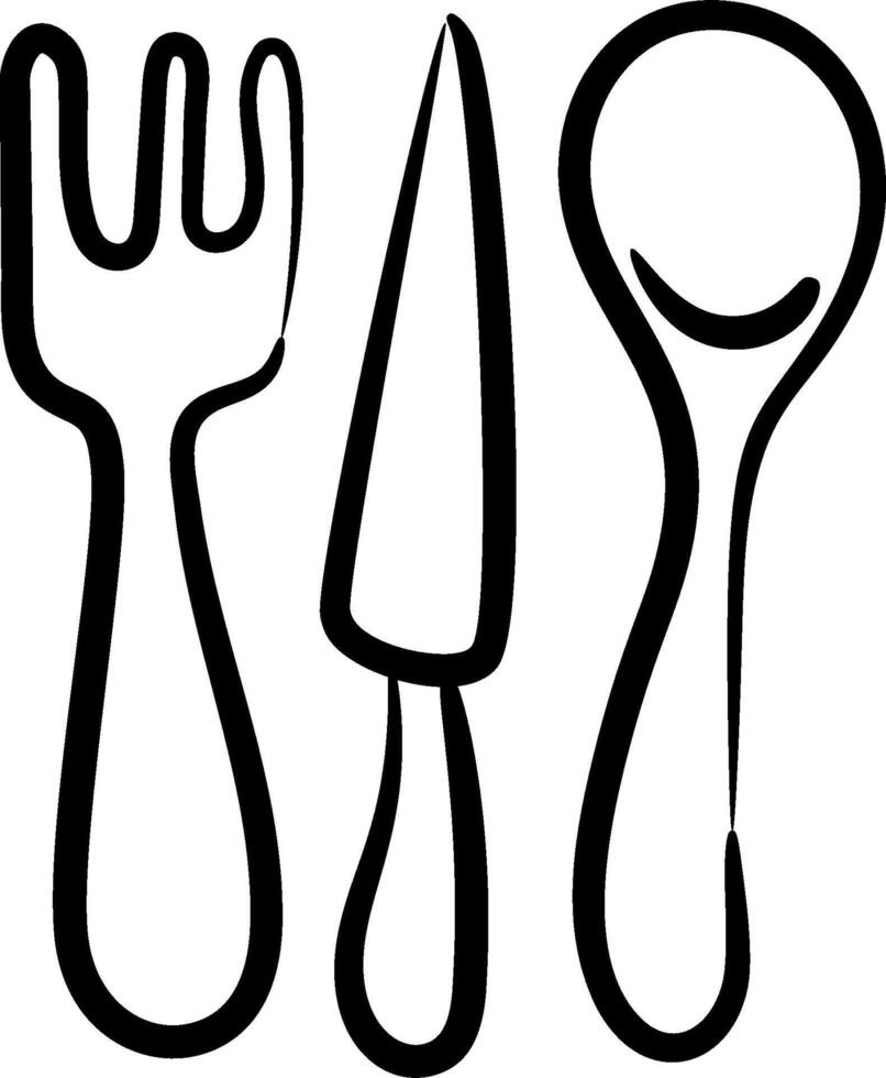 A black and white drawing of a fork, spoon and knife vector