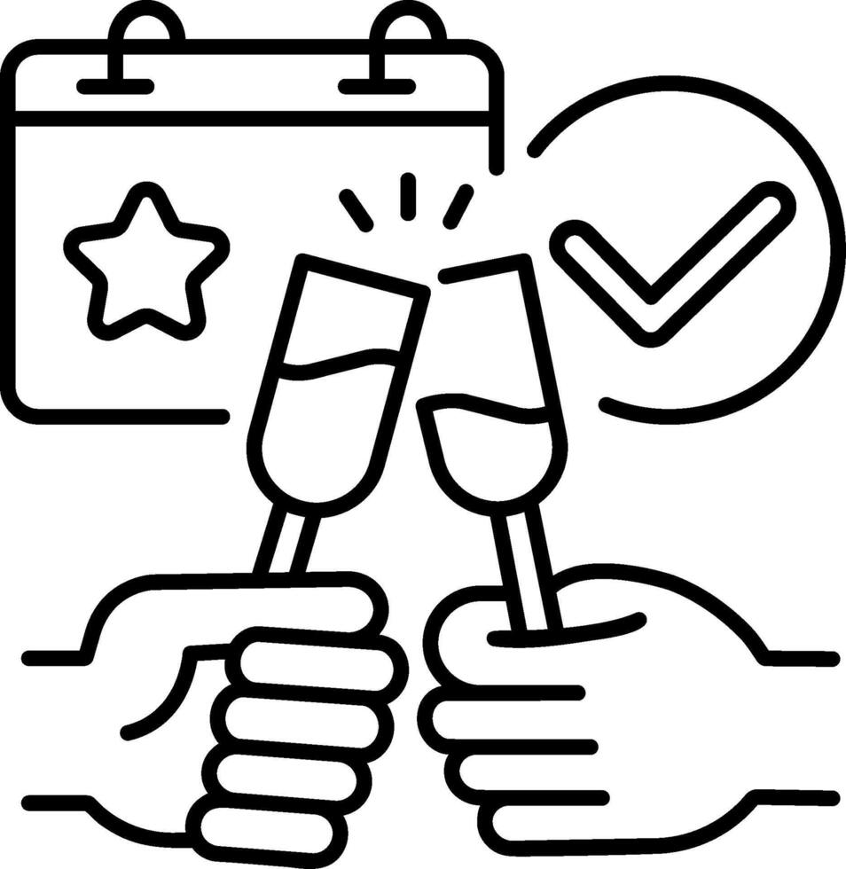 A black and white line icon of two hands holding a glass of champagne vector