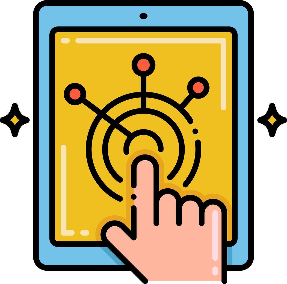 A hand touching a tablet with a finger on it vector