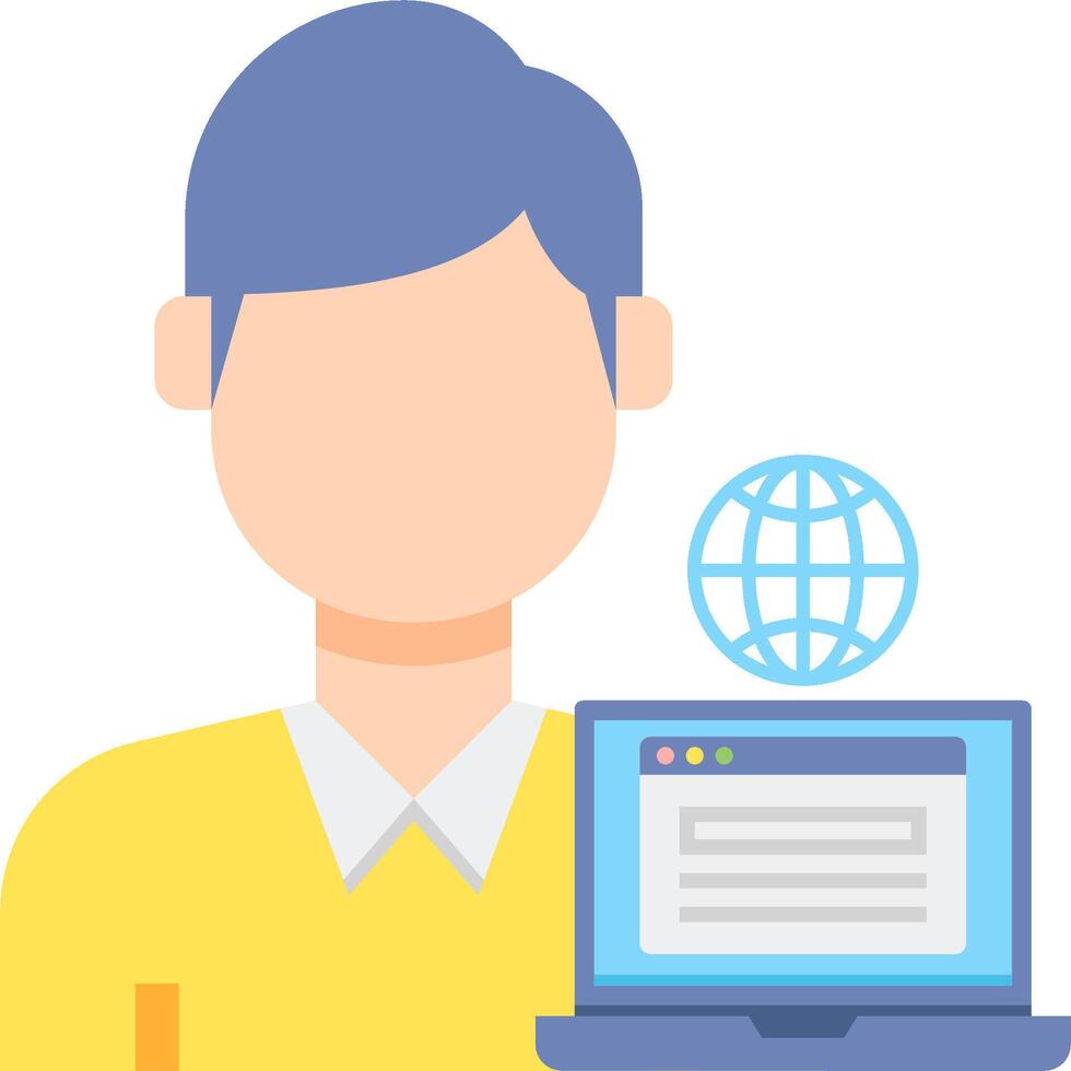 A man holding a laptop with a globe icon on it vector