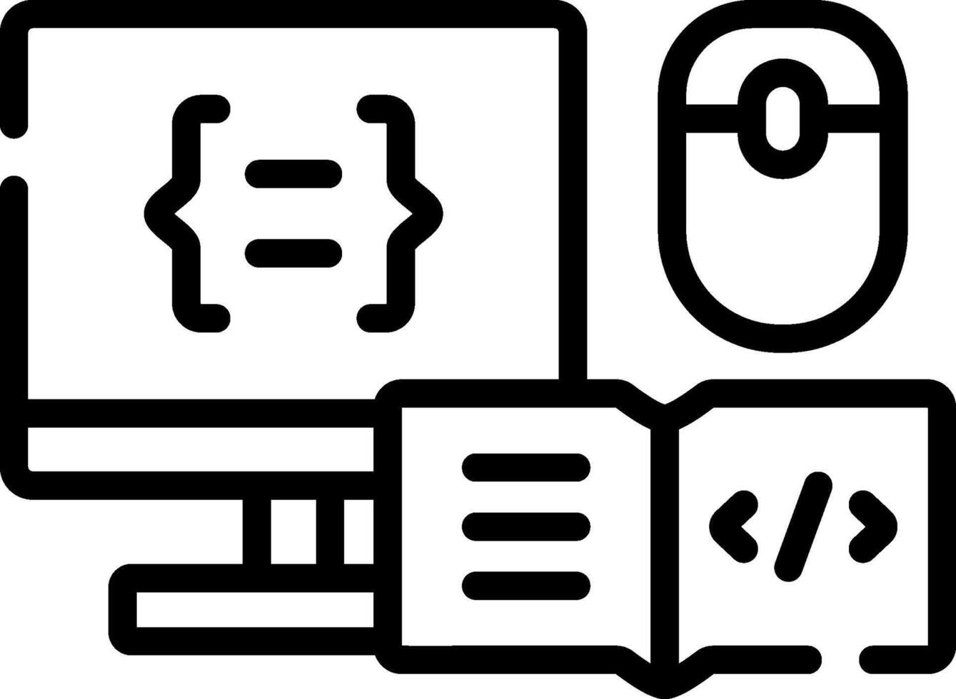 A computer monitor, mouse and book with a computer code vector