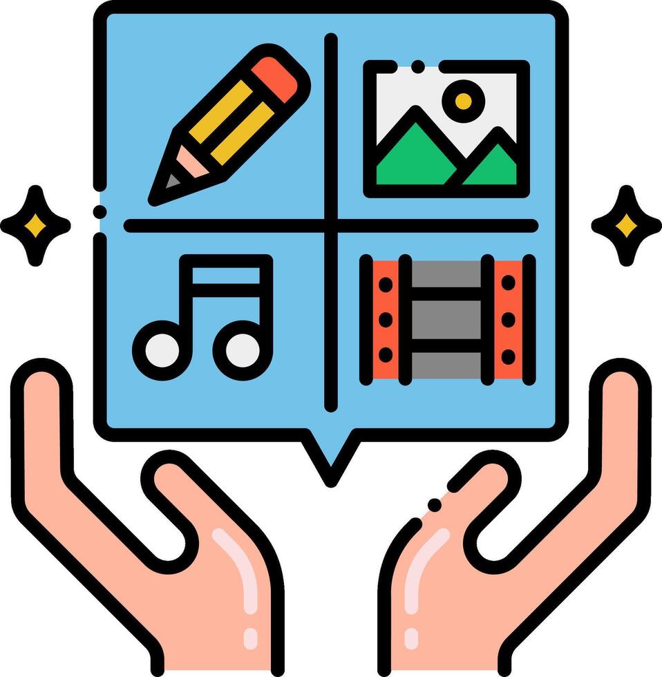 Two hands holding a square with icons of music, books, and other items vector