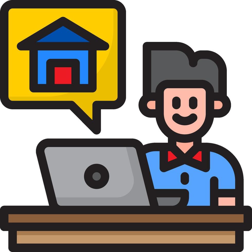 A man sitting at a desk with a laptop and a house vector