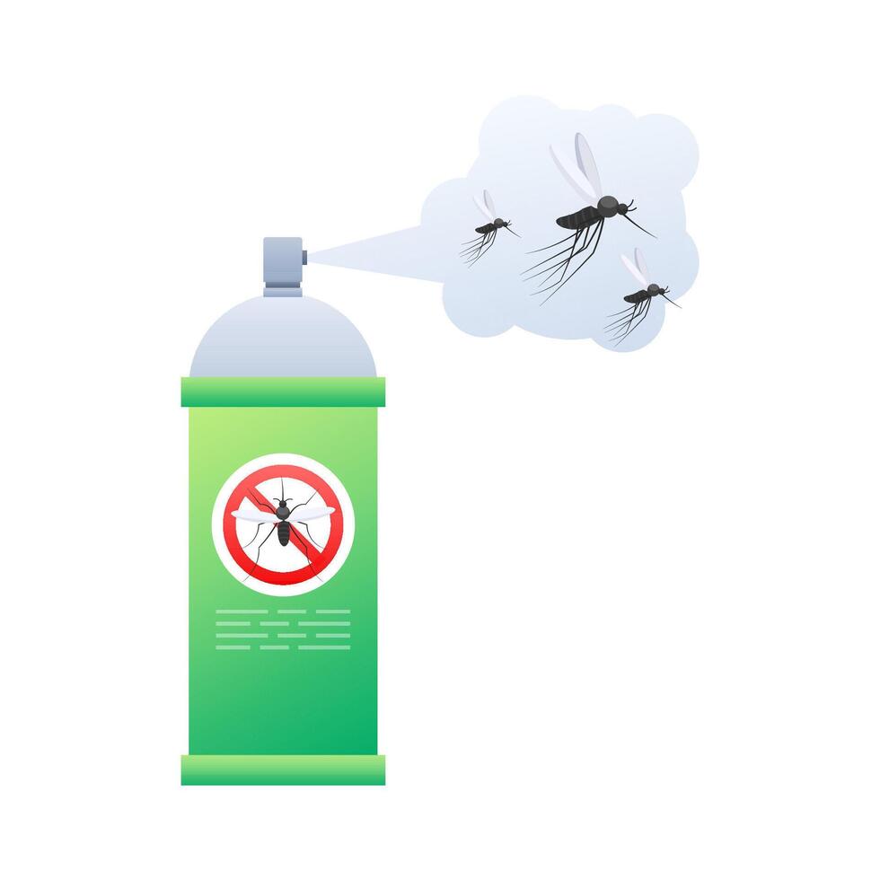 Green spray bottle killing mosquitoes with insecticide cloud vector