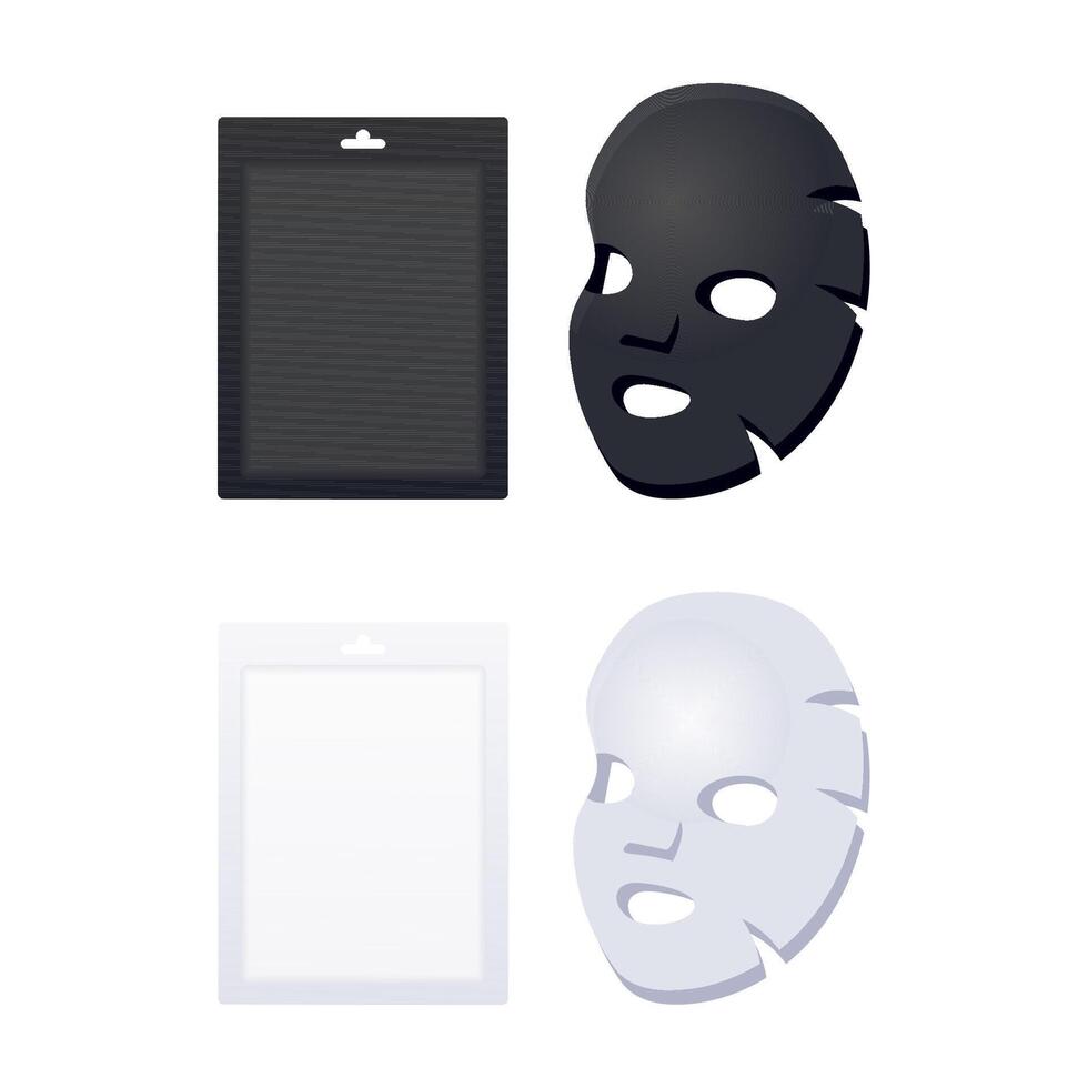 Black and white facial sheet masks with packaging mockup vector