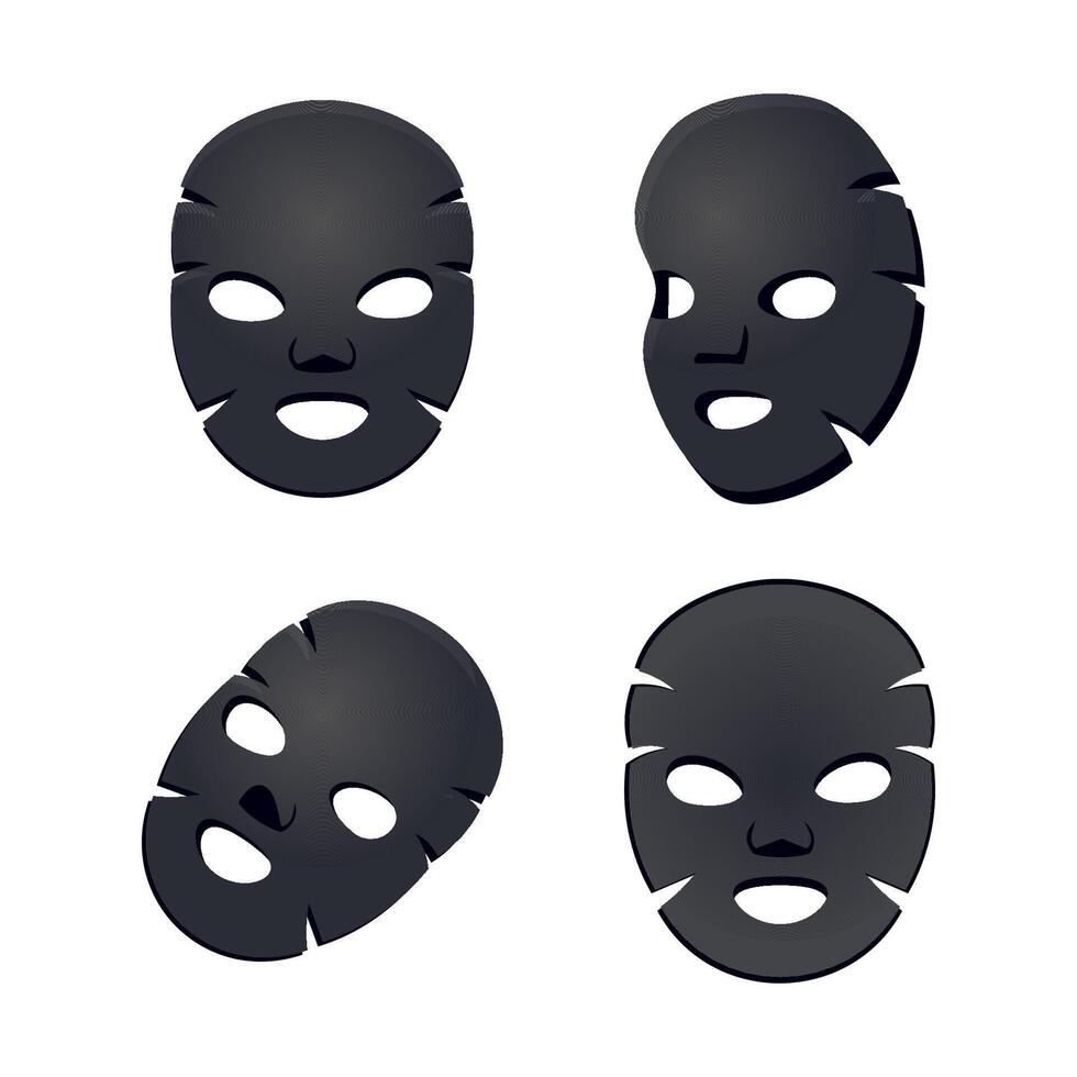 Black facial cosmetic sheet masks showing different sides vector