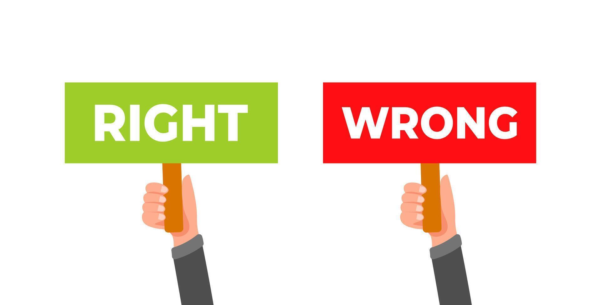 Businessman hands holding right and wrong signs banners placards vector