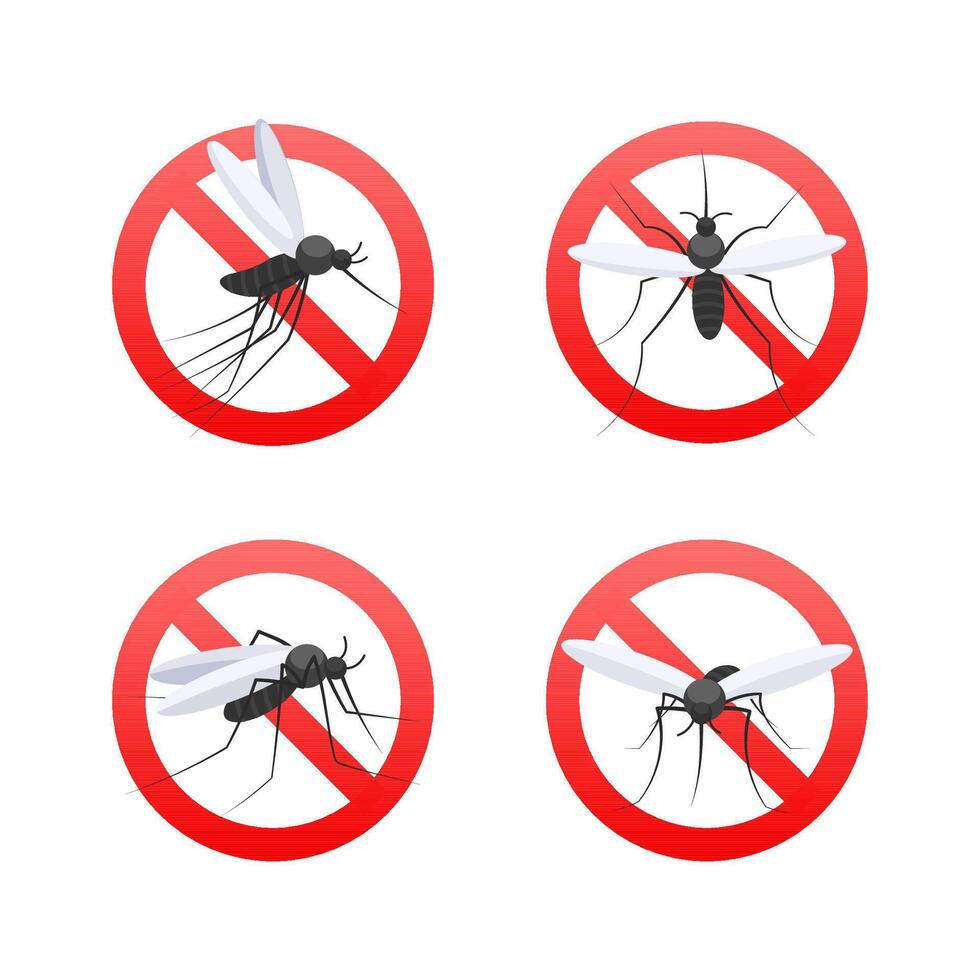 Stop sign crossing out mosquito showing malaria and zika virus spreading prevention vector