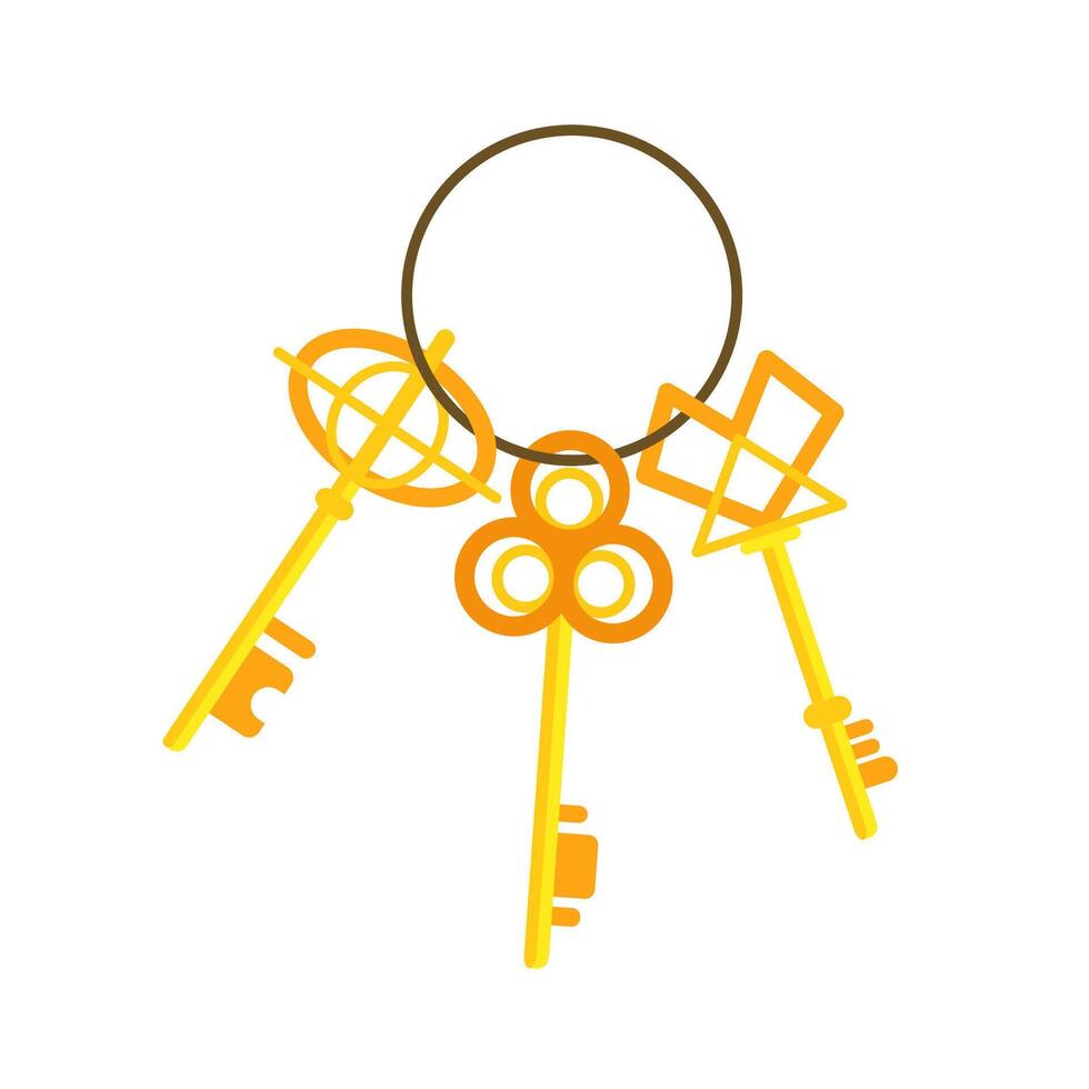 Three golden keys hanging on ring on white background vector