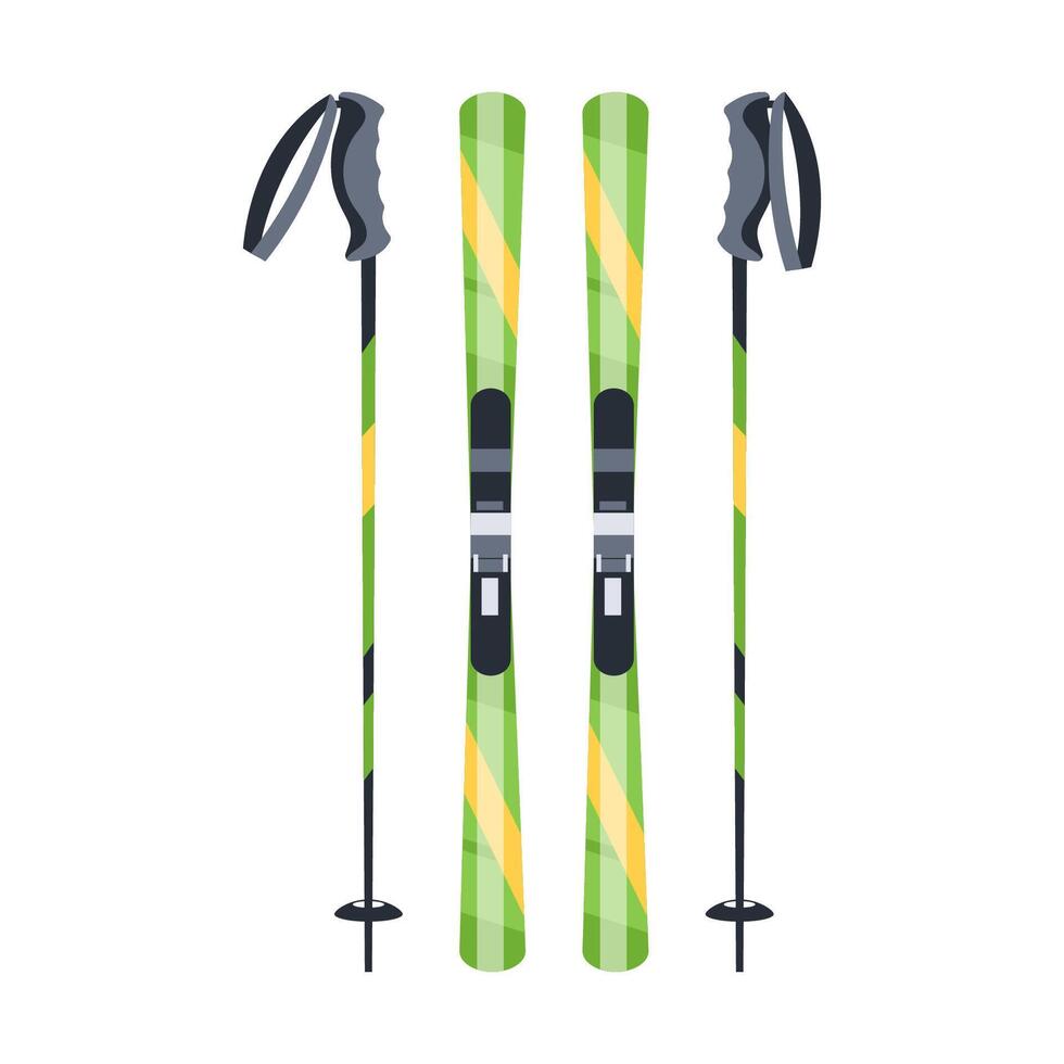 Pair of green mountain skis and ski poles standing upright vector