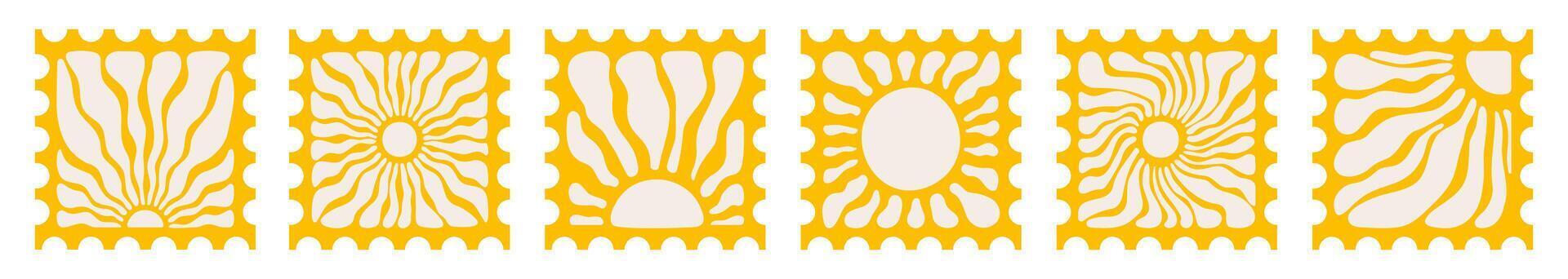 Sun groovy post card square stamp stickers set illustration. Hand drawn abstract floral vintage patterns isolated on transparent background vector