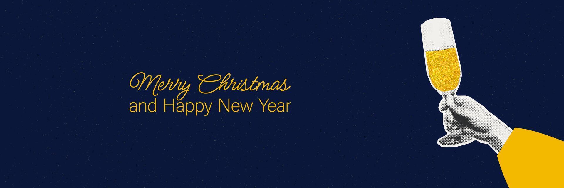 Christmas banner template with halftone hand holding champagne flute glass art collage with gold glitter texture and copy space. Toast, cheers Cut out paper modern retro illustration vector