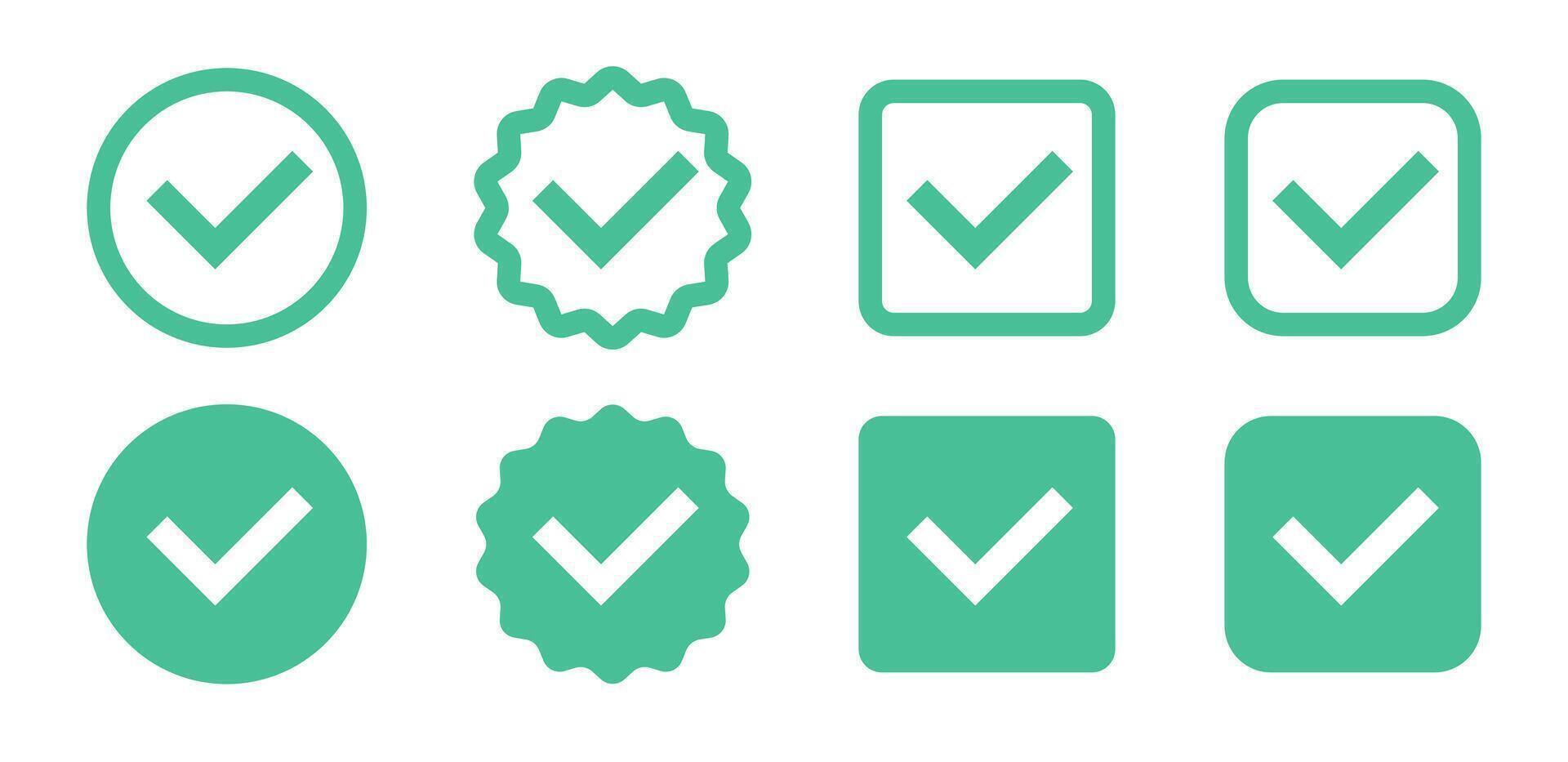Set of green check mark icons. Circle and square shapes in flat and line style. Approval badges. illustration vector