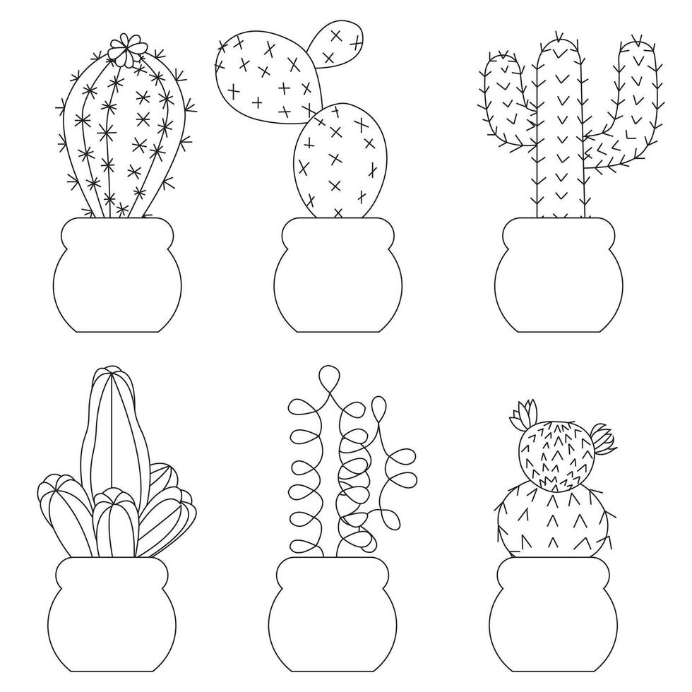 Set of big cacti in doodle style. illustration isolated on white background. vector