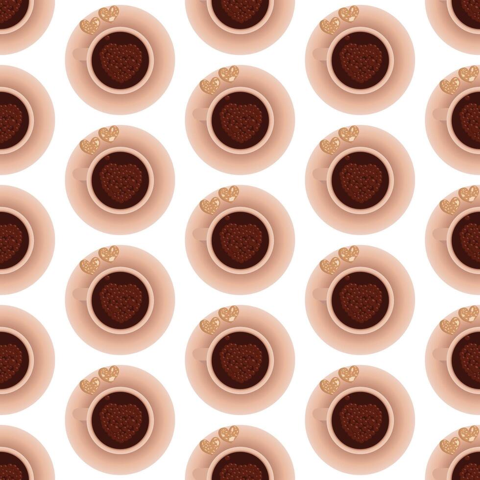 Beige cup and saucer. Coffee with foam in the shape of a heart. Seamless pattern. vector