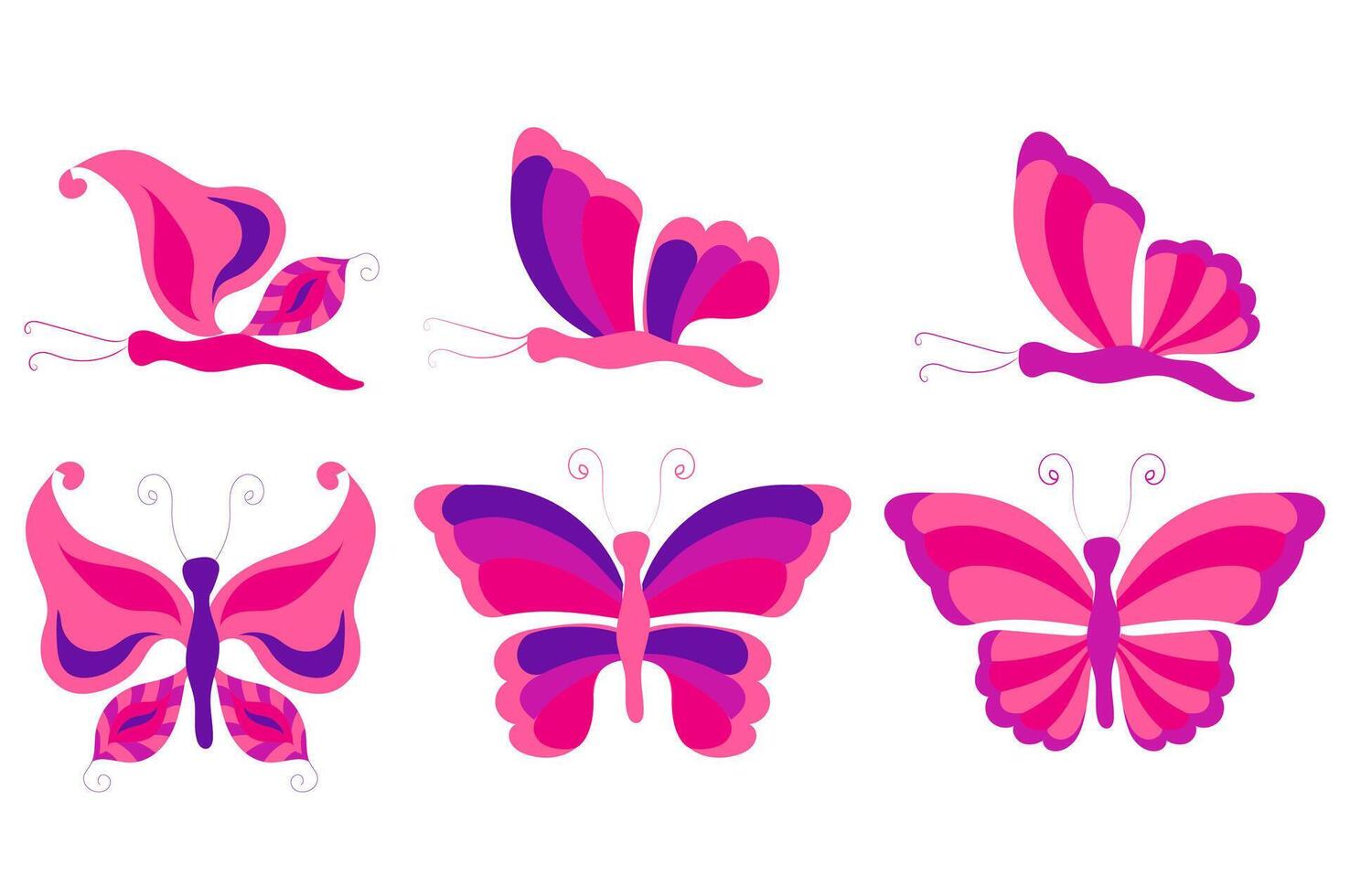A set of butterflies in pink, crimson and purple stripes. vector