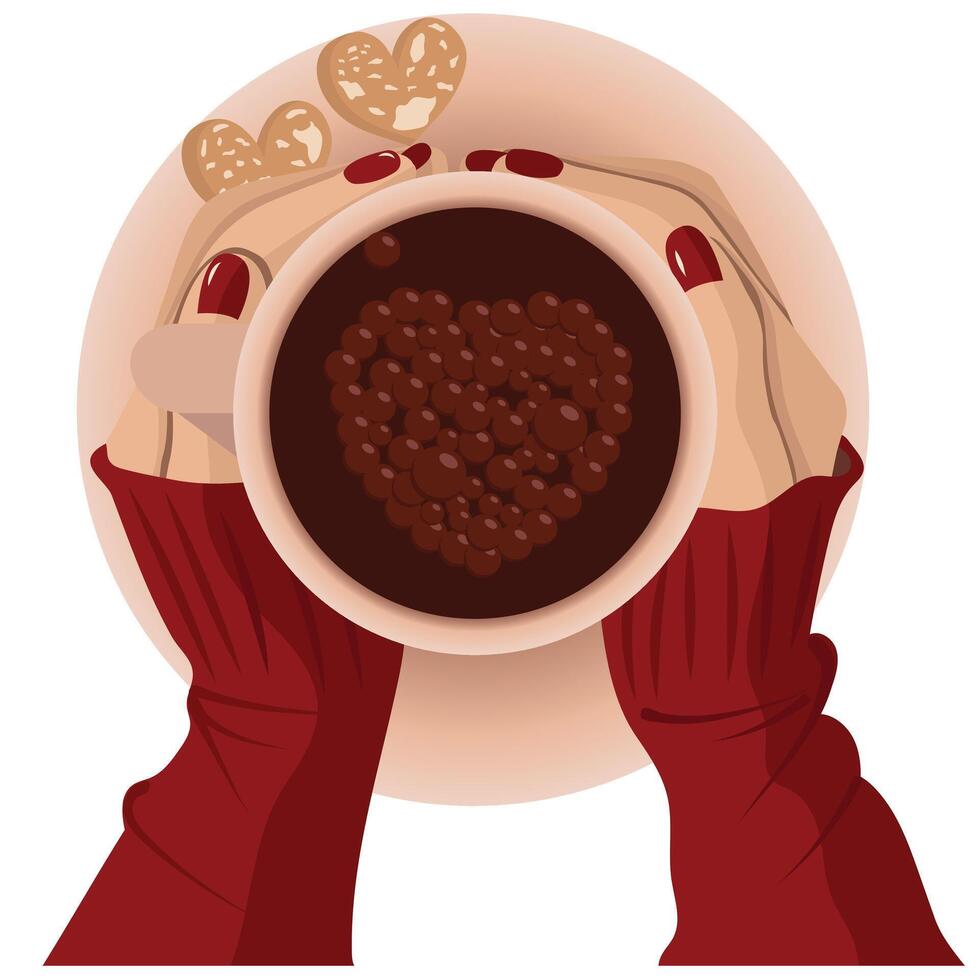 Cup in female hands, top view.Cup in female hands, top view. vector