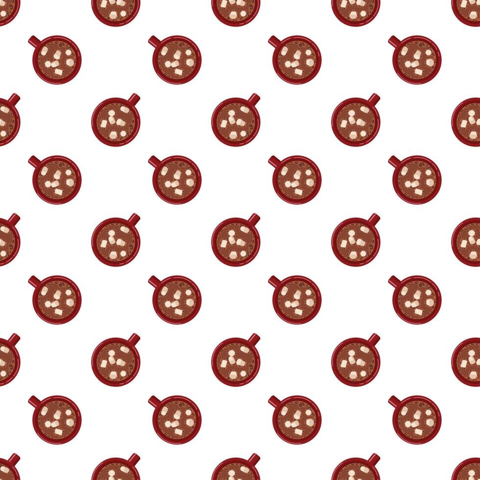 Red mug with cocoa and marshmallows, top view vector